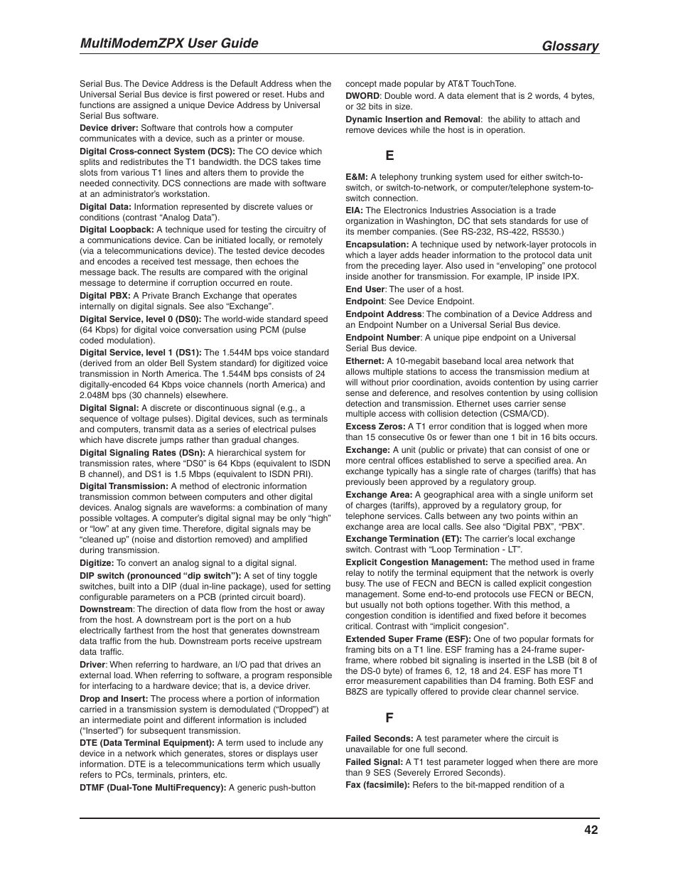 Glossary, Multimodemzpx user guide | Multi-Tech Systems MT5634ZPX-V.92-ISA User Manual | Page 42 / 51