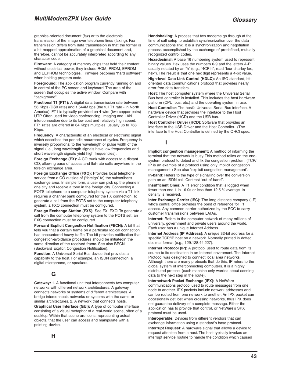 Glossary, Multimodemzpx user guide | Multi-Tech Systems MT5634ZPX-V.92-ISA User Manual | Page 43 / 51