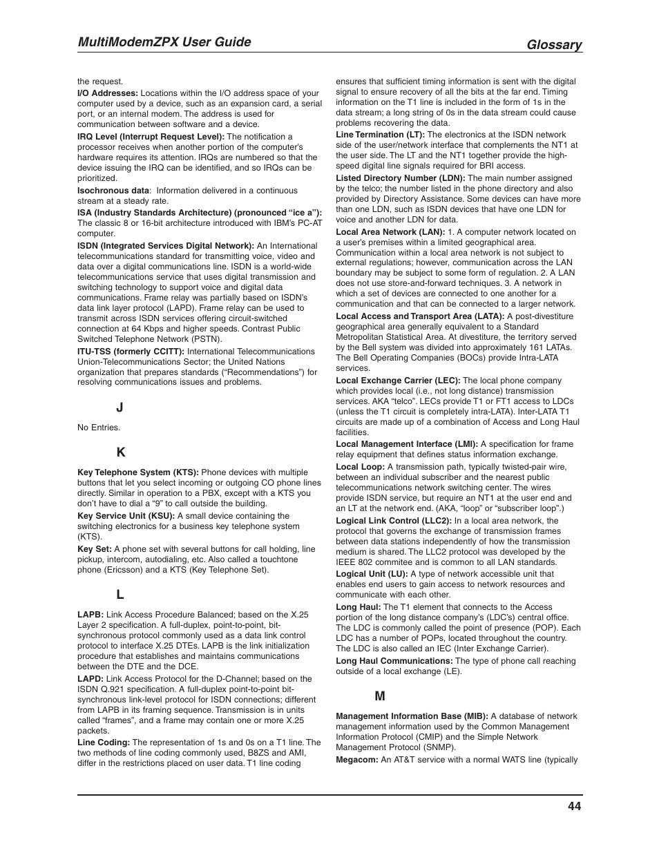 Glossary, Multimodemzpx user guide | Multi-Tech Systems MT5634ZPX-V.92-ISA User Manual | Page 44 / 51