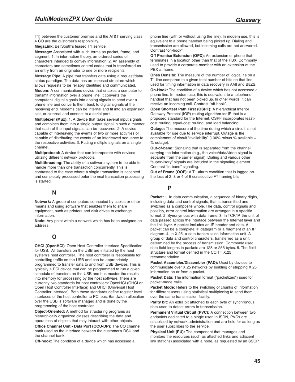 Glossary, Multimodemzpx user guide | Multi-Tech Systems MT5634ZPX-V.92-ISA User Manual | Page 45 / 51