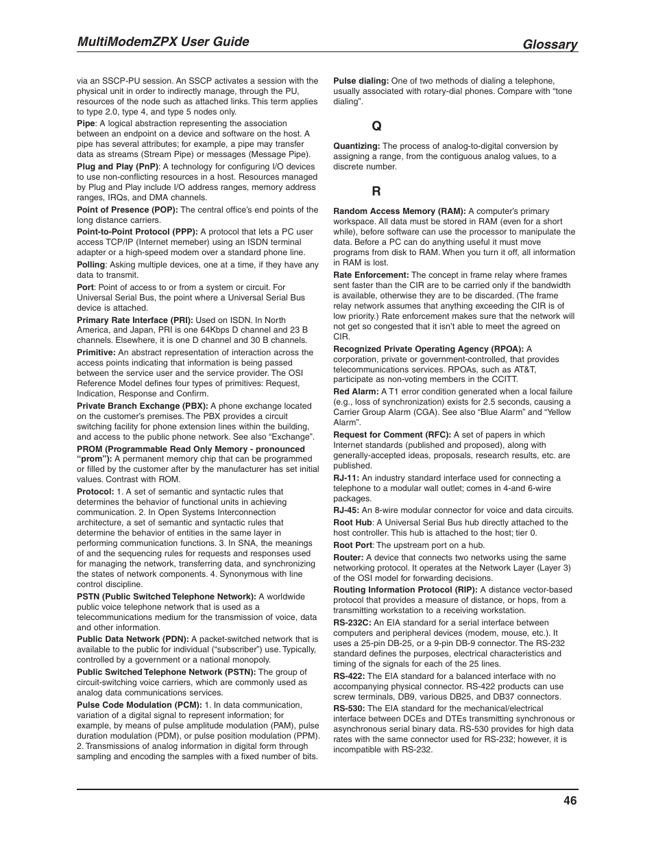 Glossary, Multimodemzpx user guide | Multi-Tech Systems MT5634ZPX-V.92-ISA User Manual | Page 46 / 51
