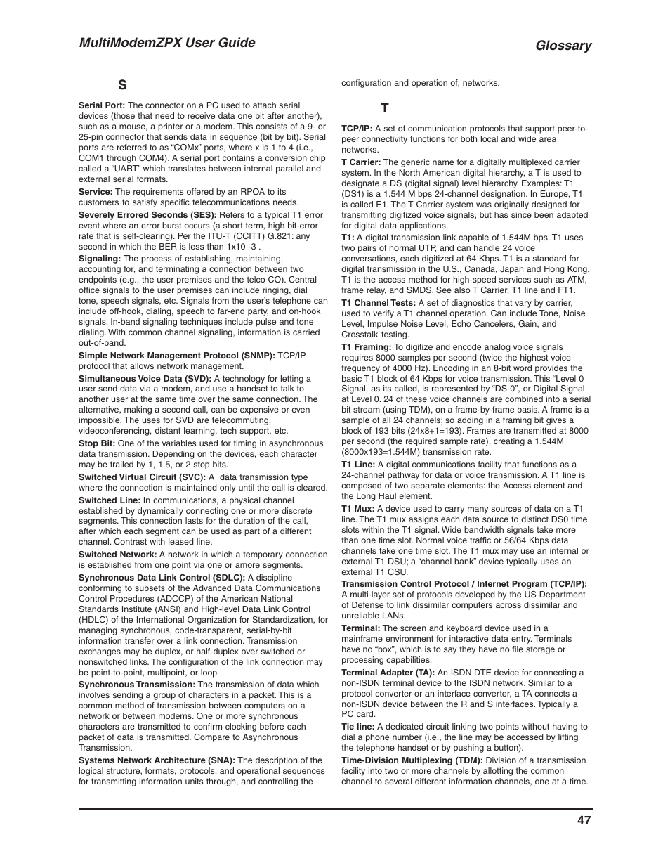 Glossary, Multimodemzpx user guide | Multi-Tech Systems MT5634ZPX-V.92-ISA User Manual | Page 47 / 51