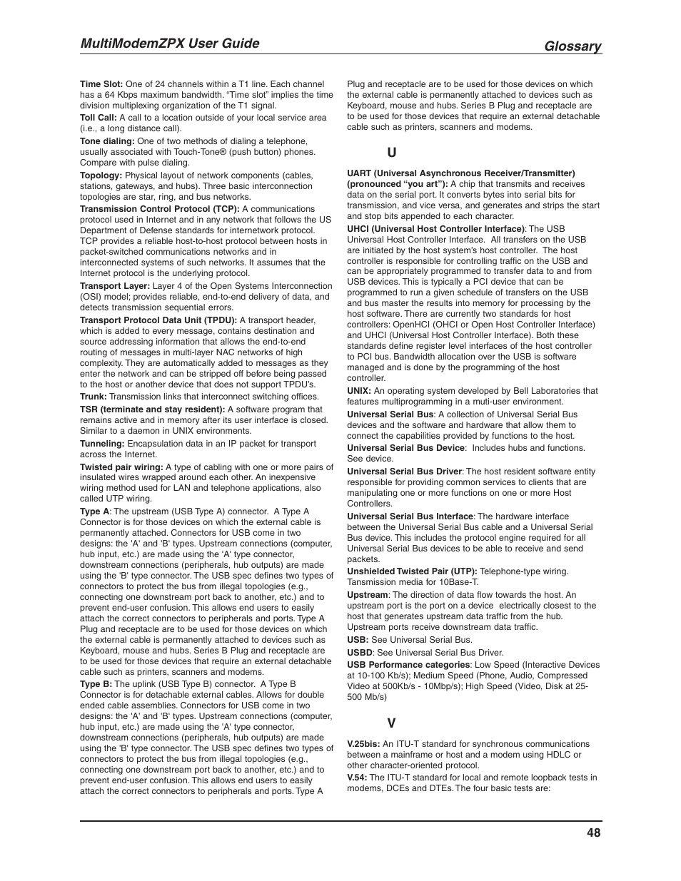 Glossary, Multimodemzpx user guide | Multi-Tech Systems MT5634ZPX-V.92-ISA User Manual | Page 48 / 51