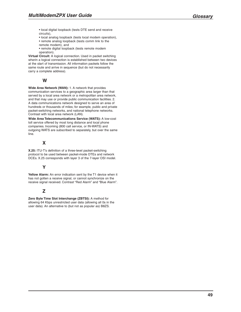 Glossary, Multimodemzpx user guide | Multi-Tech Systems MT5634ZPX-V.92-ISA User Manual | Page 49 / 51