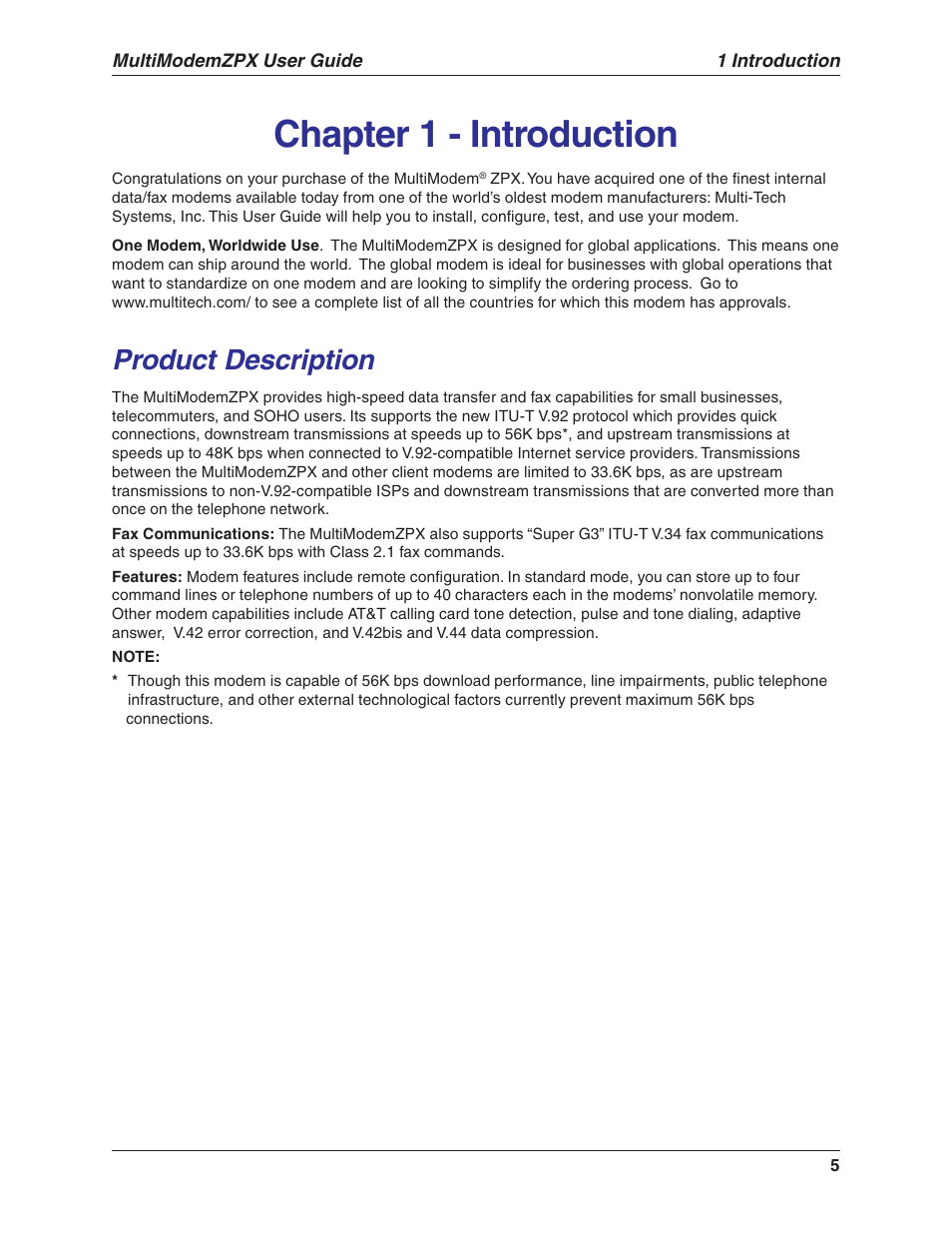 Chapter 1 - introduction, Product description | Multi-Tech Systems MT5634ZPX-V.92-ISA User Manual | Page 5 / 51