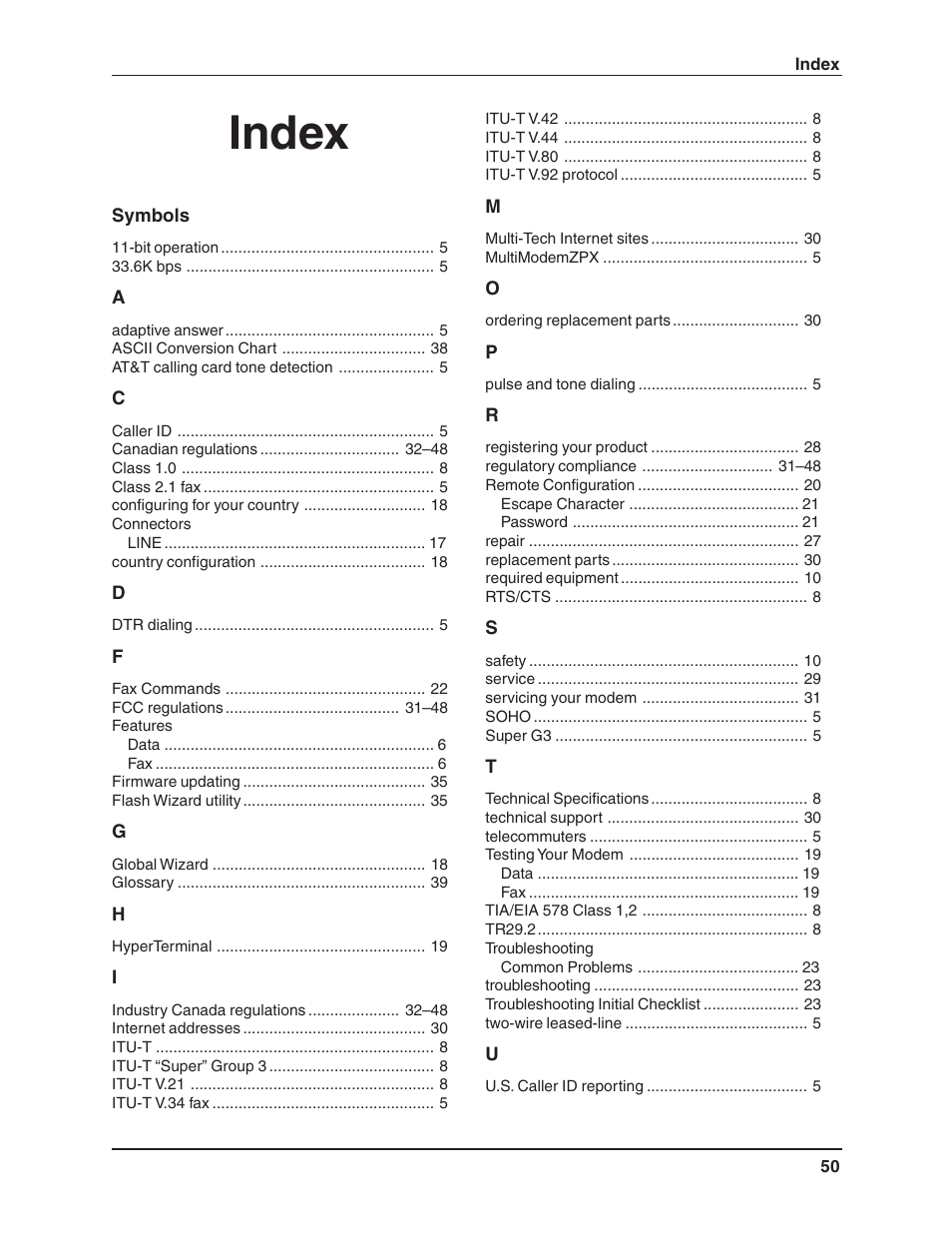 Index | Multi-Tech Systems MT5634ZPX-V.92-ISA User Manual | Page 50 / 51