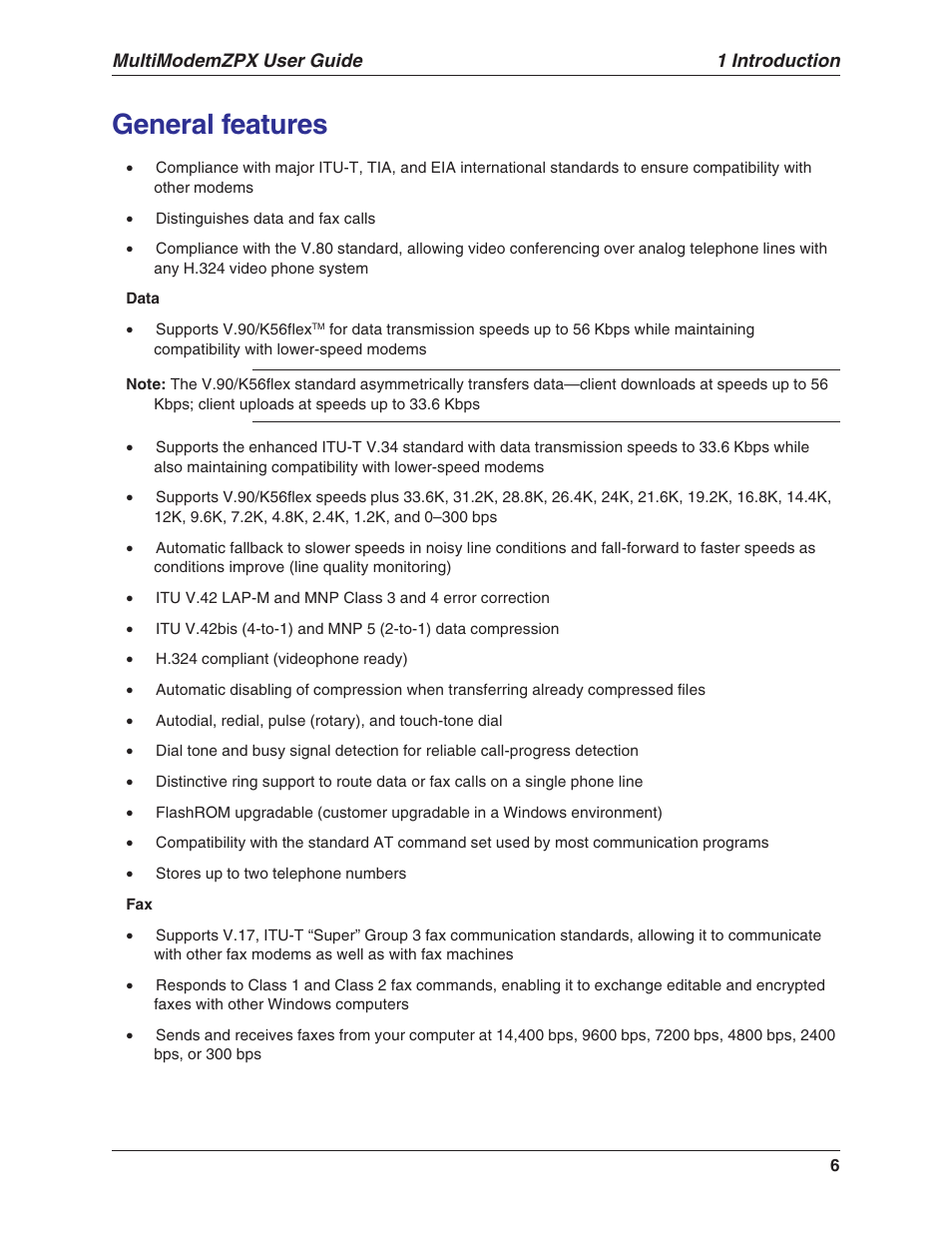 General features, 1 introduction, Multimodemzpx user guide | Multi-Tech Systems MT5634ZPX-V.92-ISA User Manual | Page 6 / 51