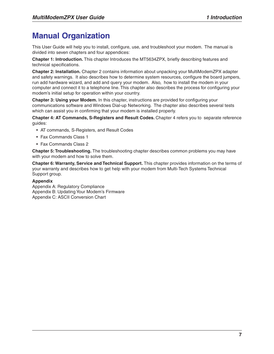 Manual organization | Multi-Tech Systems MT5634ZPX-V.92-ISA User Manual | Page 7 / 51
