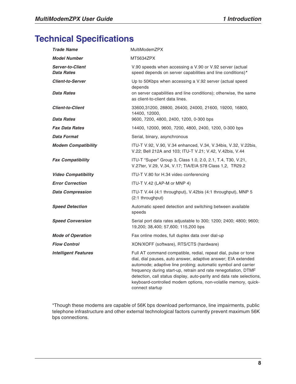 Technical specifications, 1 introduction, Multimodemzpx user guide | Multi-Tech Systems MT5634ZPX-V.92-ISA User Manual | Page 8 / 51