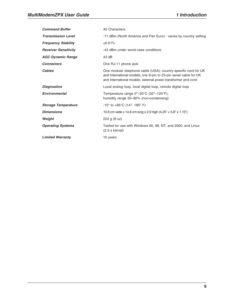 1 introduction, Multimodemzpx user guide | Multi-Tech Systems MT5634ZPX-V.92-ISA User Manual | Page 9 / 51