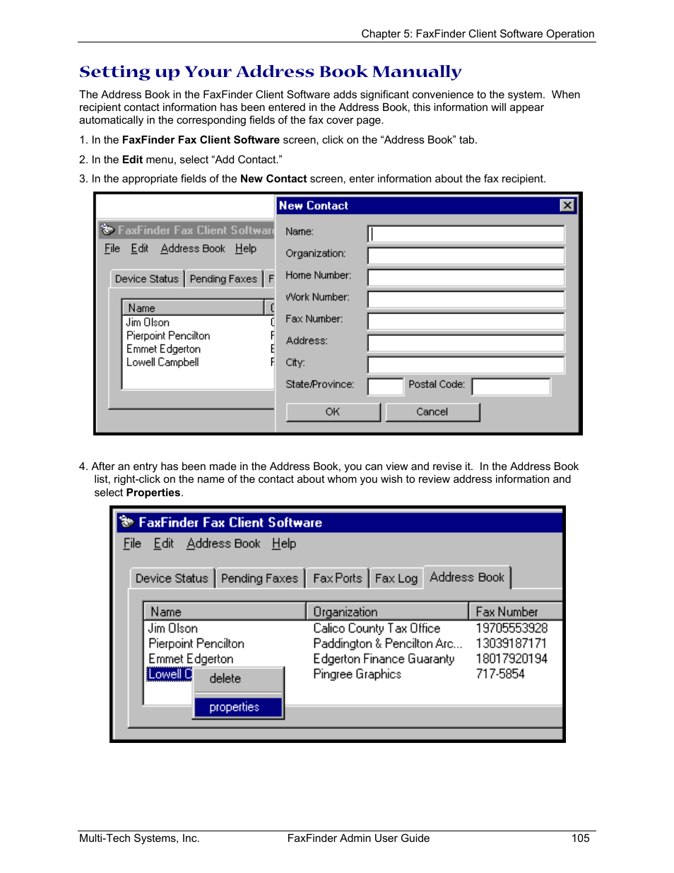 Setting up your address book manually | Multi-Tech Systems FAX FINDER FF220 User Manual | Page 105 / 205