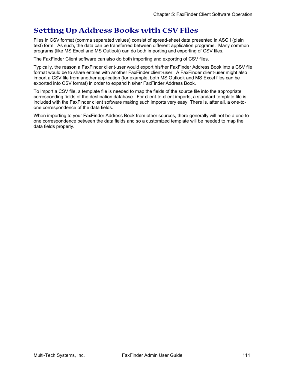 Setting up address books with csv files | Multi-Tech Systems FAX FINDER FF220 User Manual | Page 111 / 205
