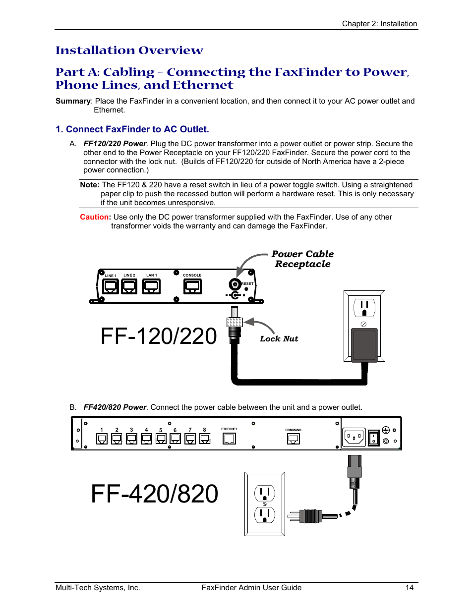 Connect faxfinder to ac outlet, Power cable receptacle | Multi-Tech Systems FAX FINDER FF220 User Manual | Page 14 / 205