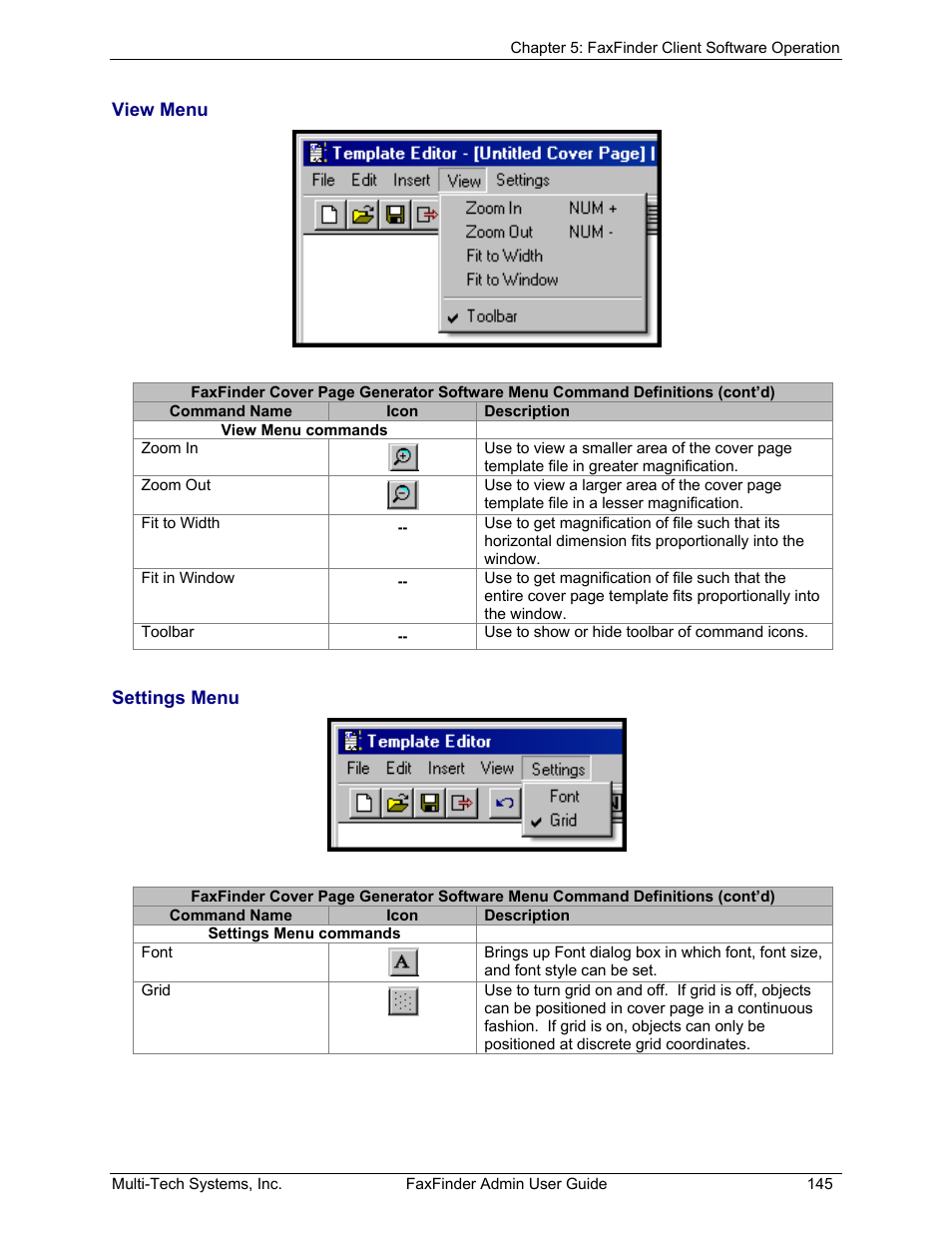 View menu, Settings menu | Multi-Tech Systems FAX FINDER FF220 User Manual | Page 145 / 205