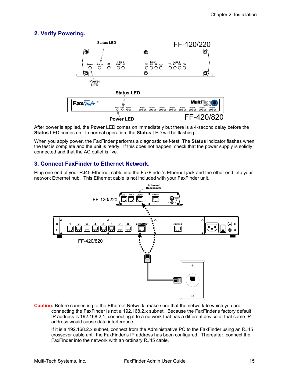 Verify powering, Connect faxfinder to ethernet network, Status led power led | Multi-Tech Systems FAX FINDER FF220 User Manual | Page 15 / 205