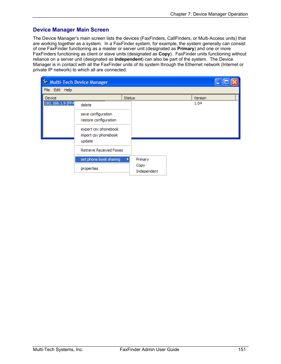 Device manager main screen | Multi-Tech Systems FAX FINDER FF220 User Manual | Page 151 / 205