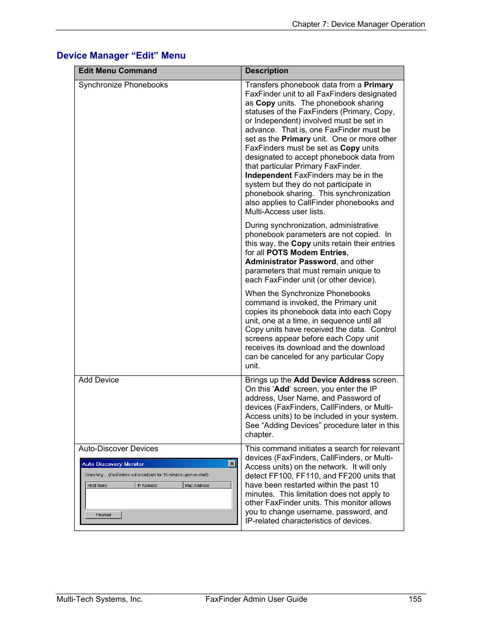 Device manager “edit” menu | Multi-Tech Systems FAX FINDER FF220 User Manual | Page 155 / 205