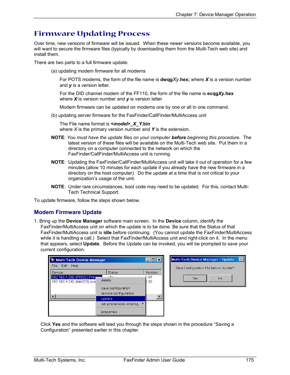 Modem firmware update, Firmware updating process | Multi-Tech Systems FAX FINDER FF220 User Manual | Page 175 / 205