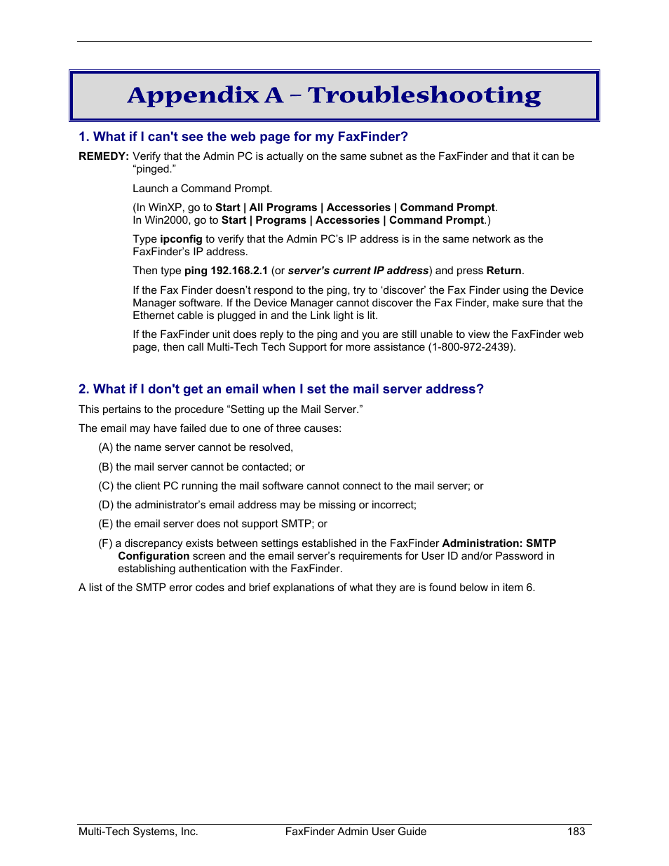 Appendix a – troubleshooting | Multi-Tech Systems FAX FINDER FF220 User Manual | Page 183 / 205