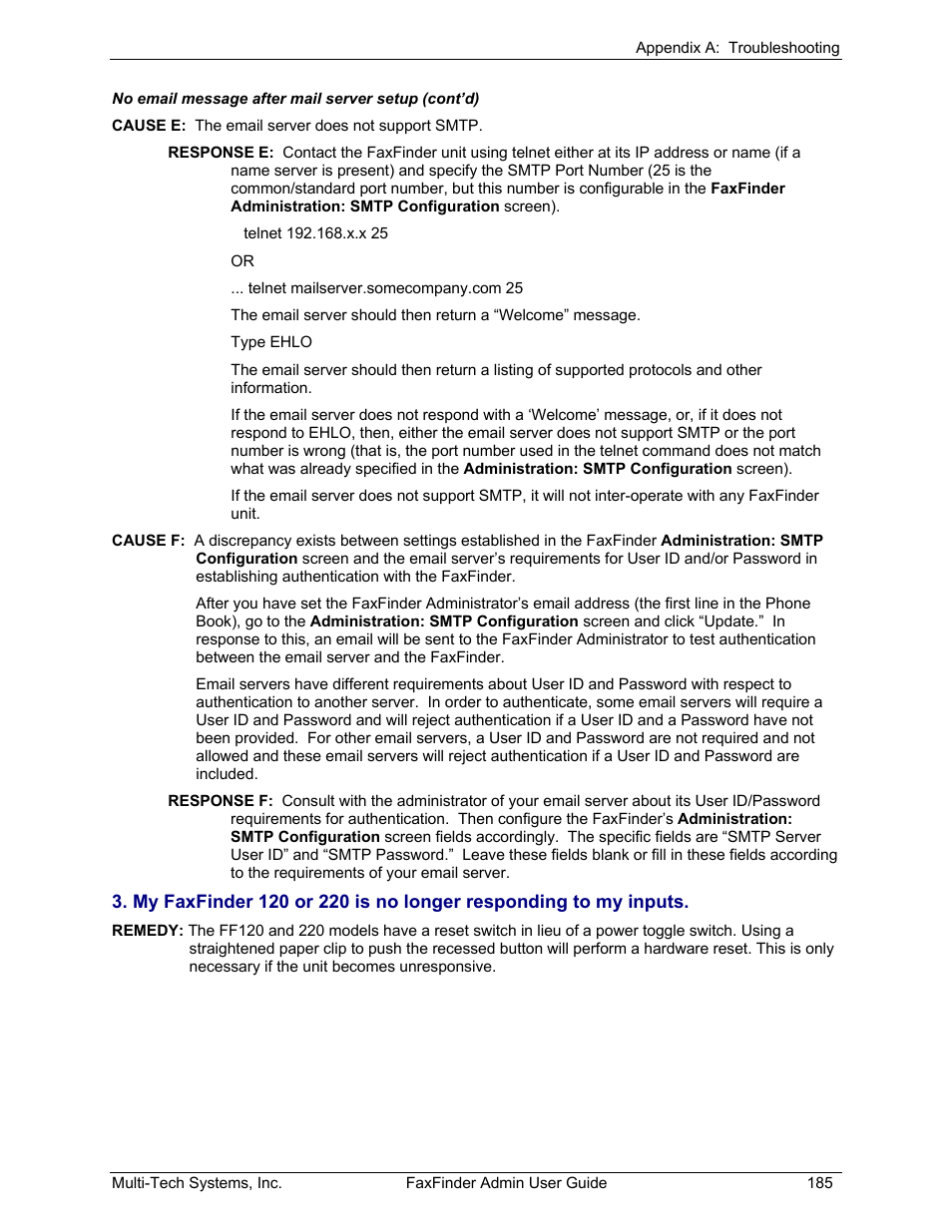 Multi-Tech Systems FAX FINDER FF220 User Manual | Page 185 / 205