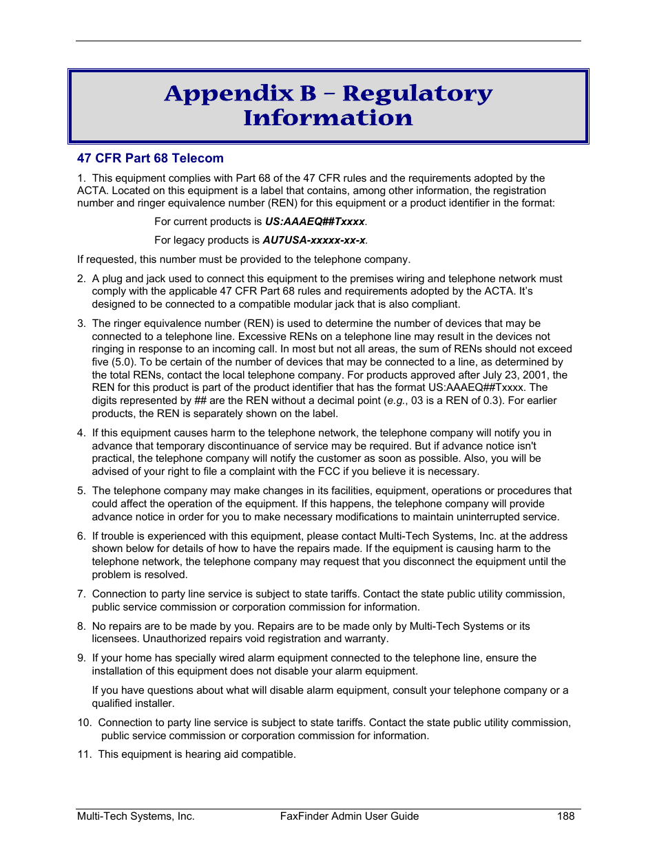Appendix b – regulatory information | Multi-Tech Systems FAX FINDER FF220 User Manual | Page 188 / 205