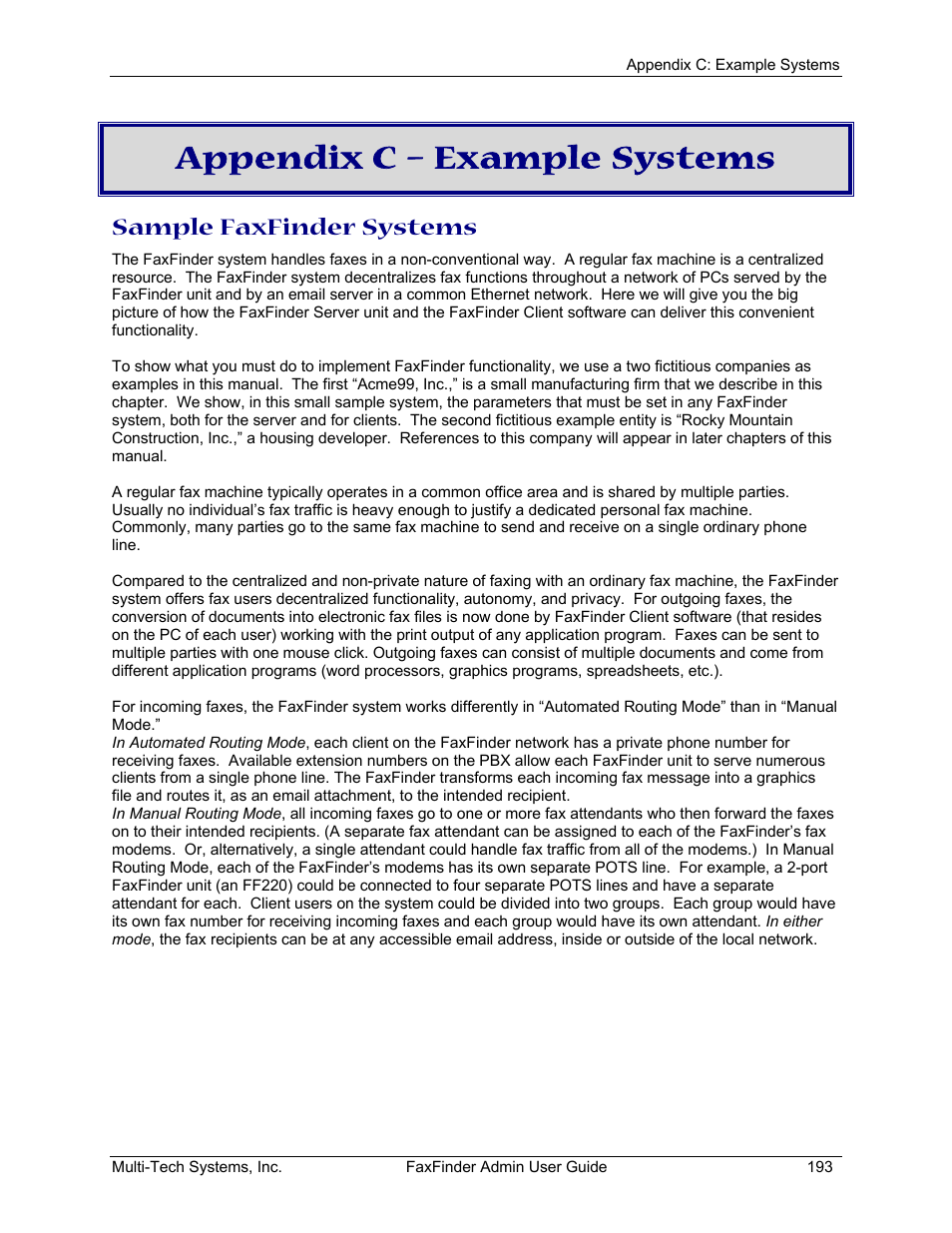 Appendix c – example systems, Sample faxfinder systems | Multi-Tech Systems FAX FINDER FF220 User Manual | Page 193 / 205