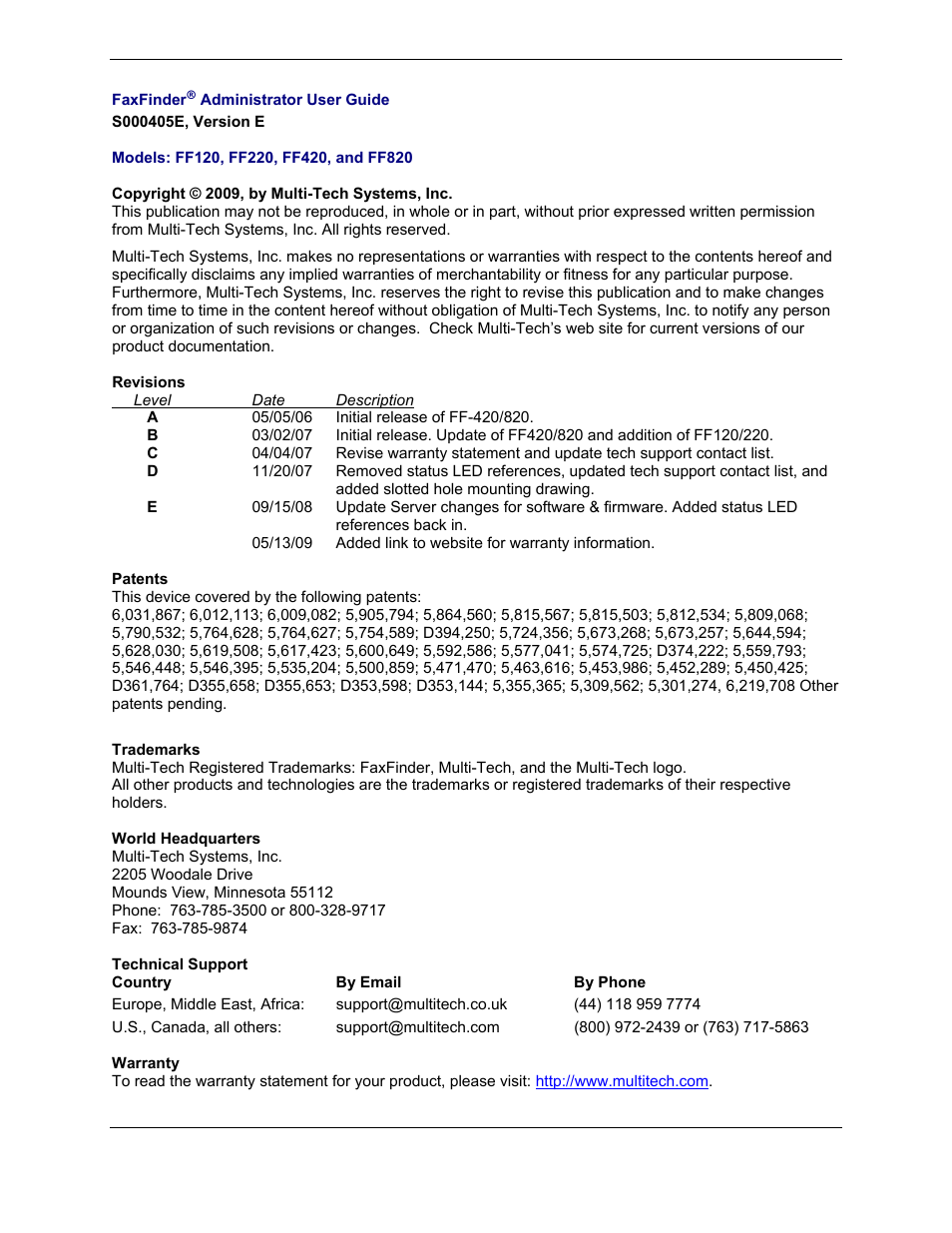 Multi-Tech Systems FAX FINDER FF220 User Manual | Page 2 / 205