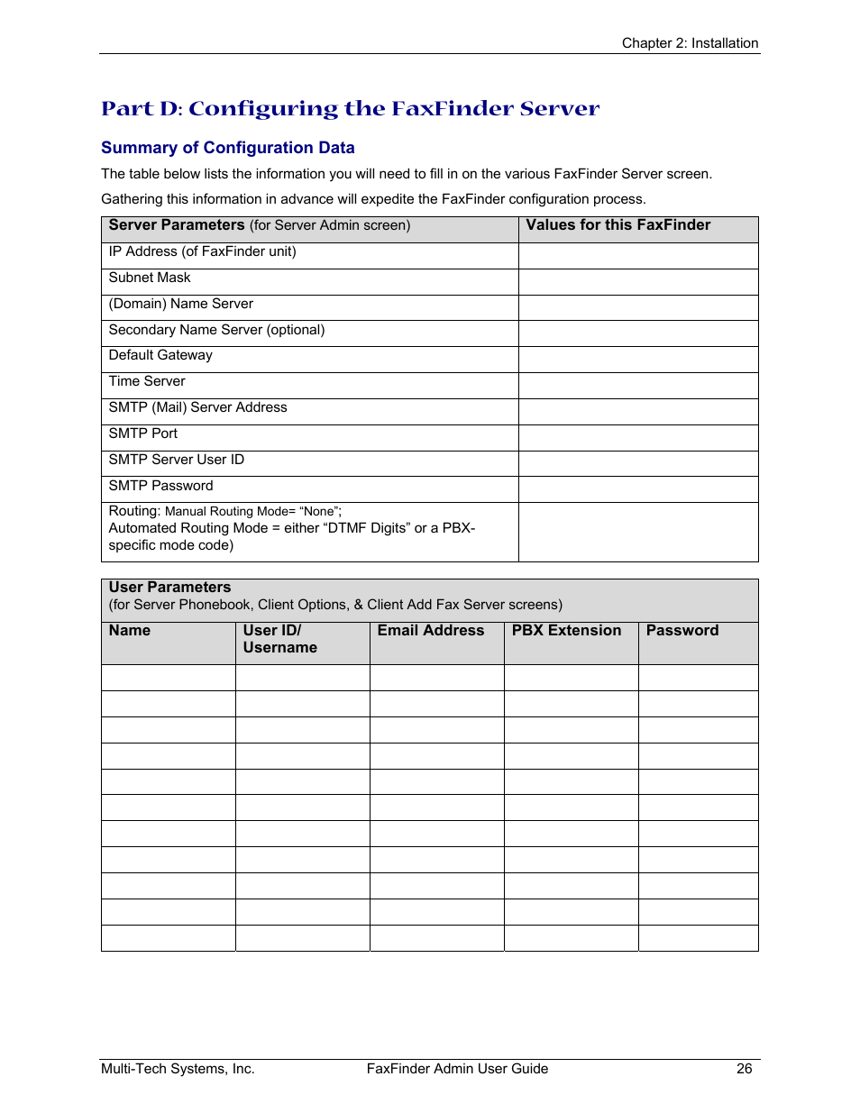 Summary of configuration data, Part d: configuring the faxfinder server | Multi-Tech Systems FAX FINDER FF220 User Manual | Page 26 / 205