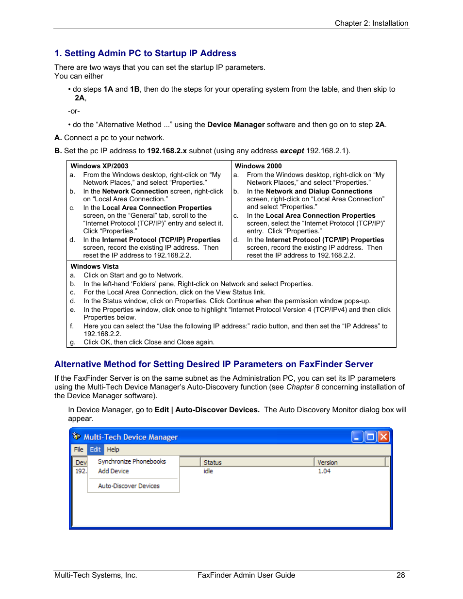 Setting admin pc to startup ip address | Multi-Tech Systems FAX FINDER FF220 User Manual | Page 28 / 205