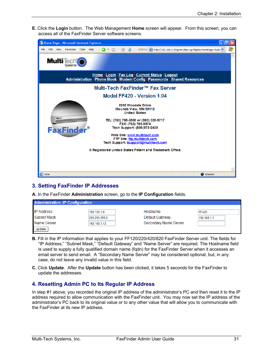Setting faxfinder ip addresses, Resetting admin pc to its regular ip address | Multi-Tech Systems FAX FINDER FF220 User Manual | Page 31 / 205