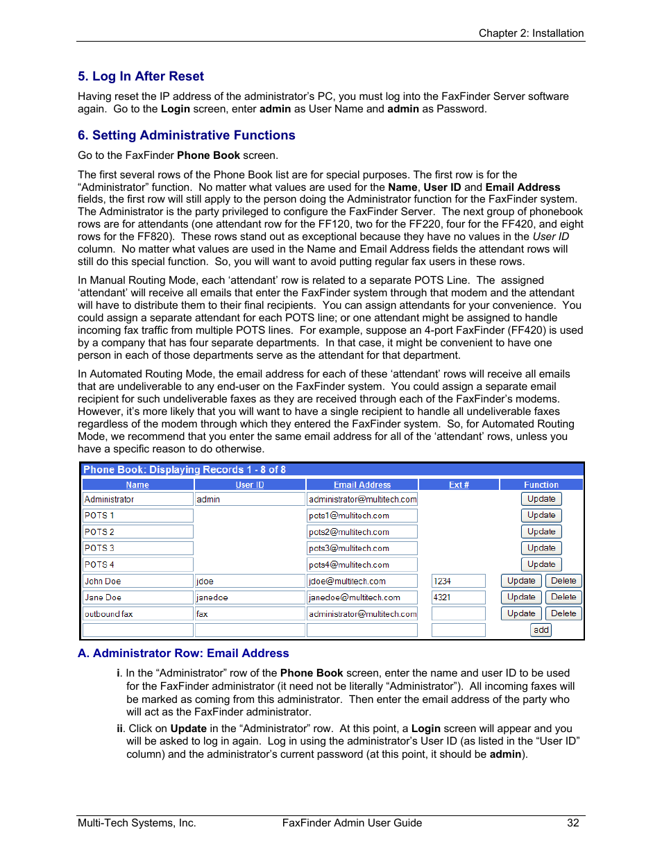 Log in after reset, Setting administrative functions | Multi-Tech Systems FAX FINDER FF220 User Manual | Page 32 / 205