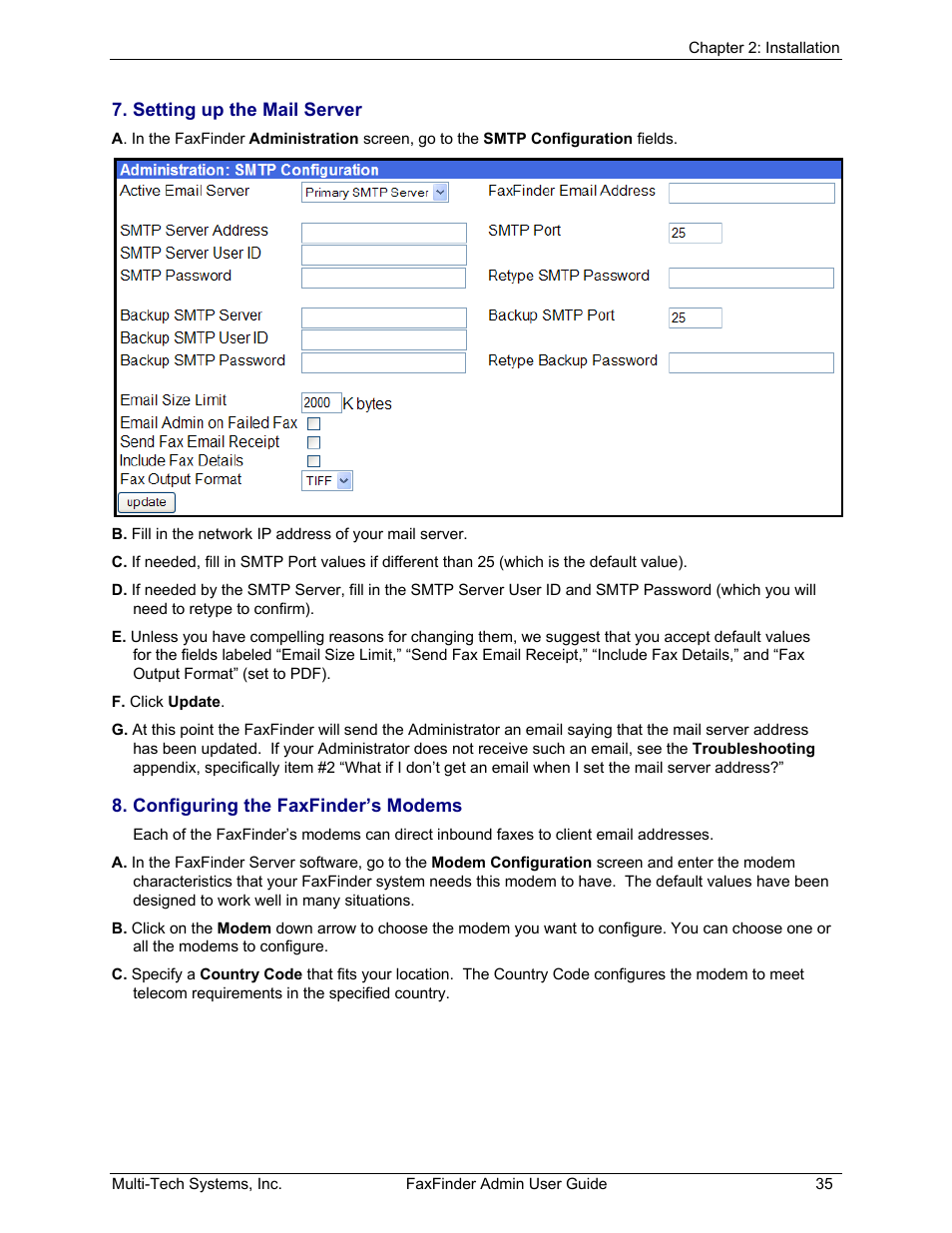 Setting up the mail server, Configuring the faxfinder’s modems | Multi-Tech Systems FAX FINDER FF220 User Manual | Page 35 / 205