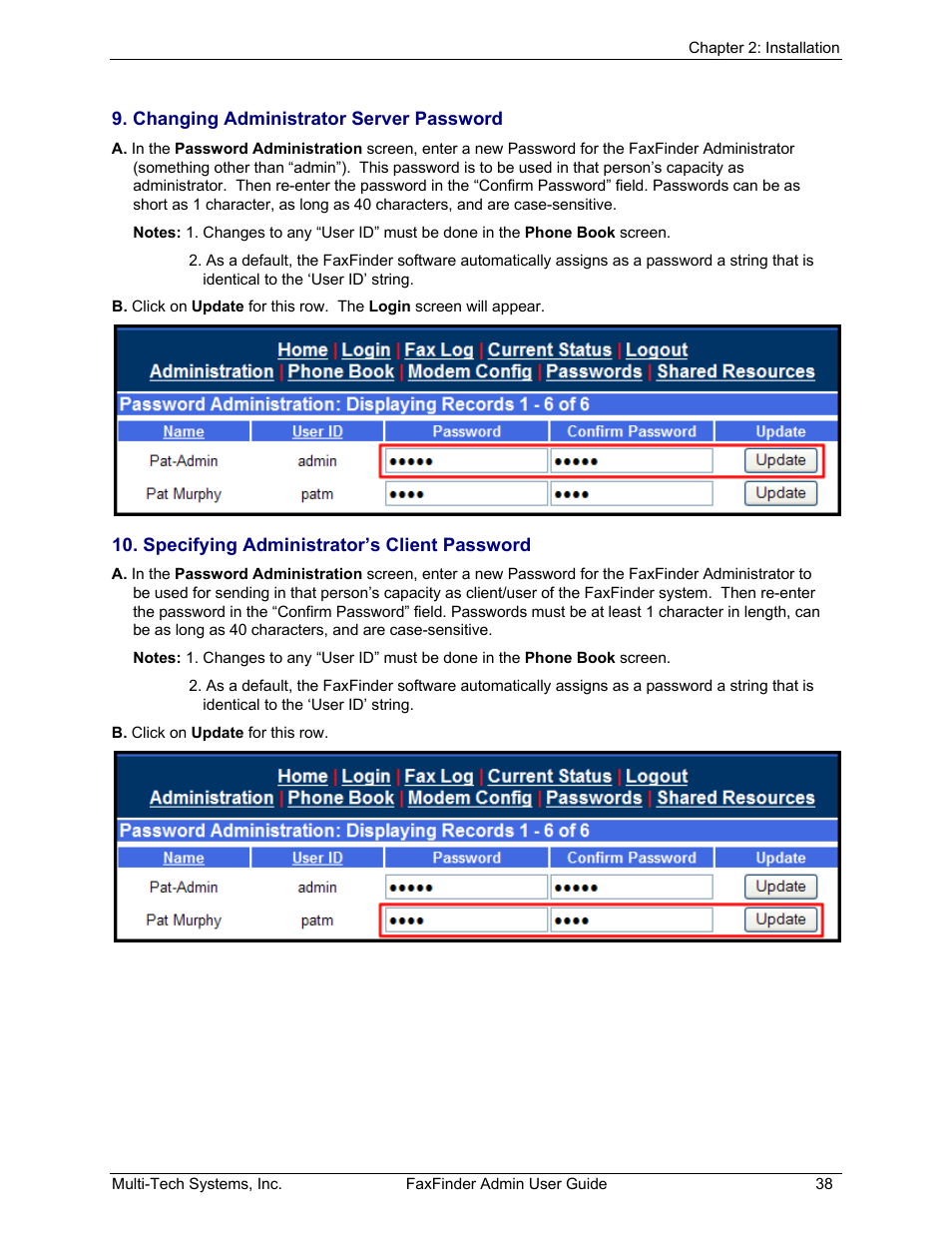 Changing administrator server password, Specifying administrator’s client password | Multi-Tech Systems FAX FINDER FF220 User Manual | Page 38 / 205