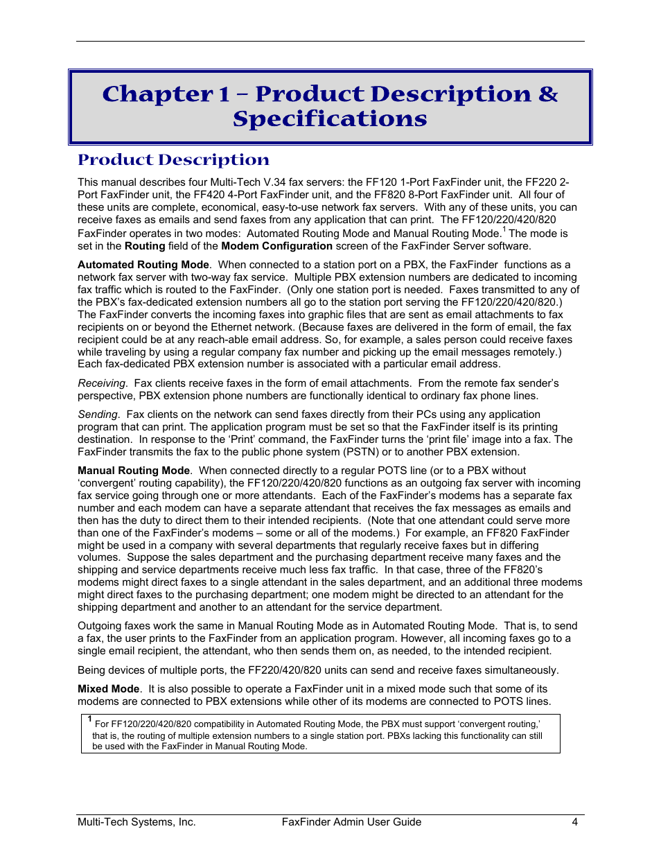 Chapter 1 – product description & specifications, Product description | Multi-Tech Systems FAX FINDER FF220 User Manual | Page 4 / 205