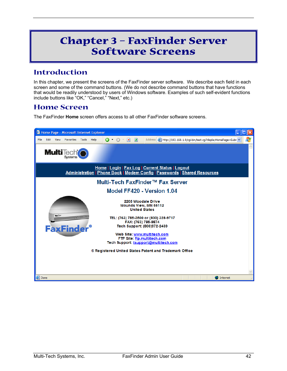Chapter 3 – faxfinder server software screens, Introduction, Home screen | Multi-Tech Systems FAX FINDER FF220 User Manual | Page 42 / 205