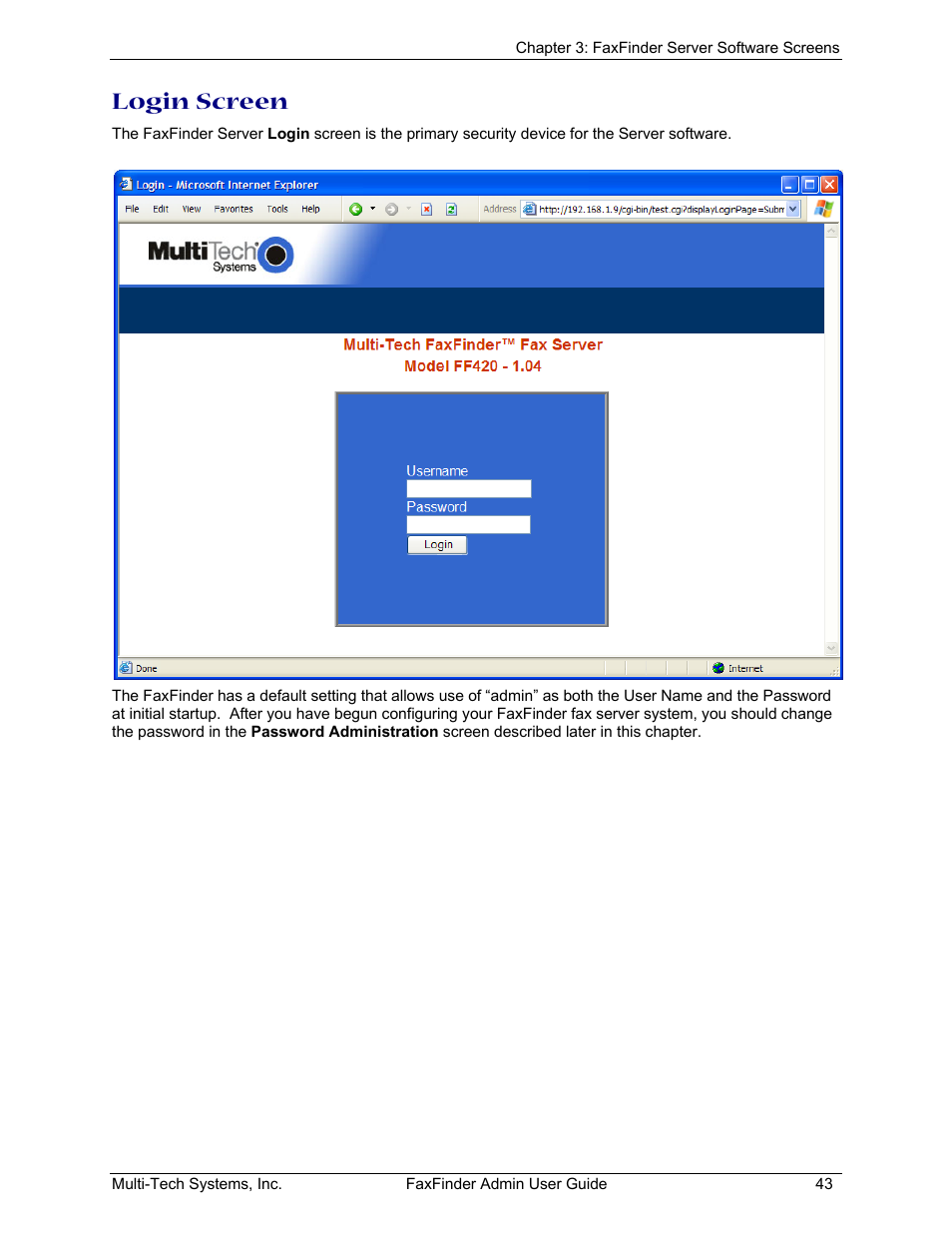 Login screen | Multi-Tech Systems FAX FINDER FF220 User Manual | Page 43 / 205