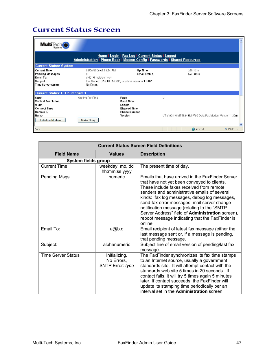 Current status screen | Multi-Tech Systems FAX FINDER FF220 User Manual | Page 47 / 205