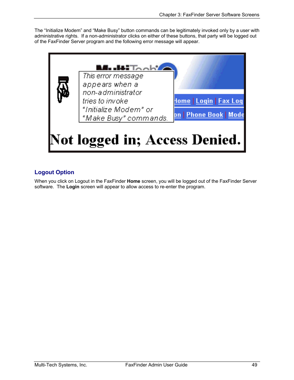 Logout option | Multi-Tech Systems FAX FINDER FF220 User Manual | Page 49 / 205