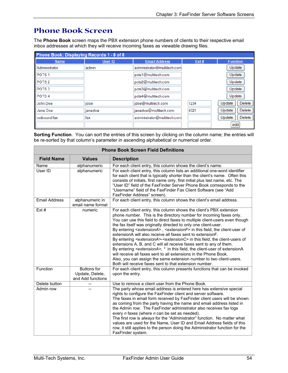 Phone book screen | Multi-Tech Systems FAX FINDER FF220 User Manual | Page 54 / 205