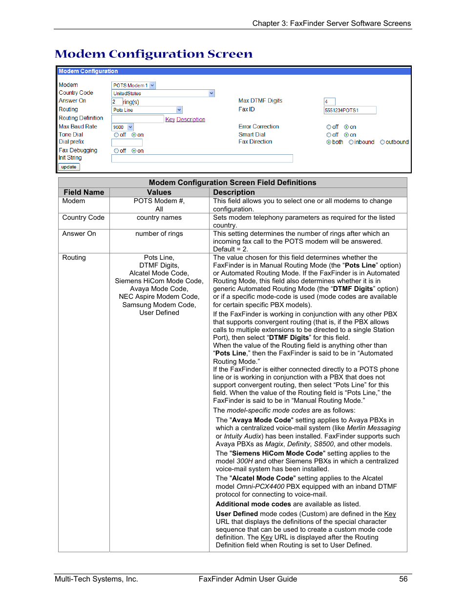 Modem configuration screen | Multi-Tech Systems FAX FINDER FF220 User Manual | Page 56 / 205