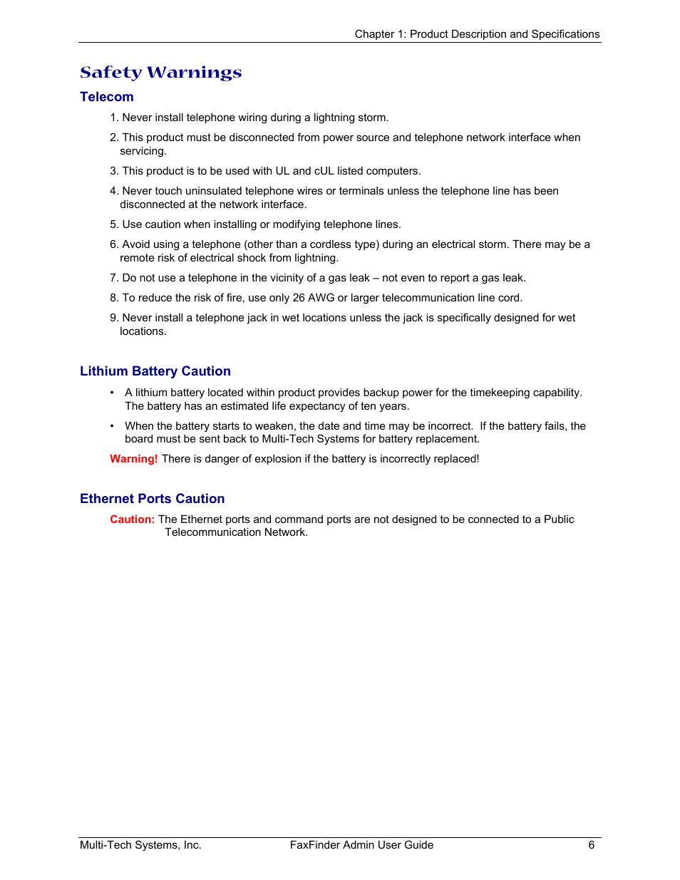 Safety warnings | Multi-Tech Systems FAX FINDER FF220 User Manual | Page 6 / 205
