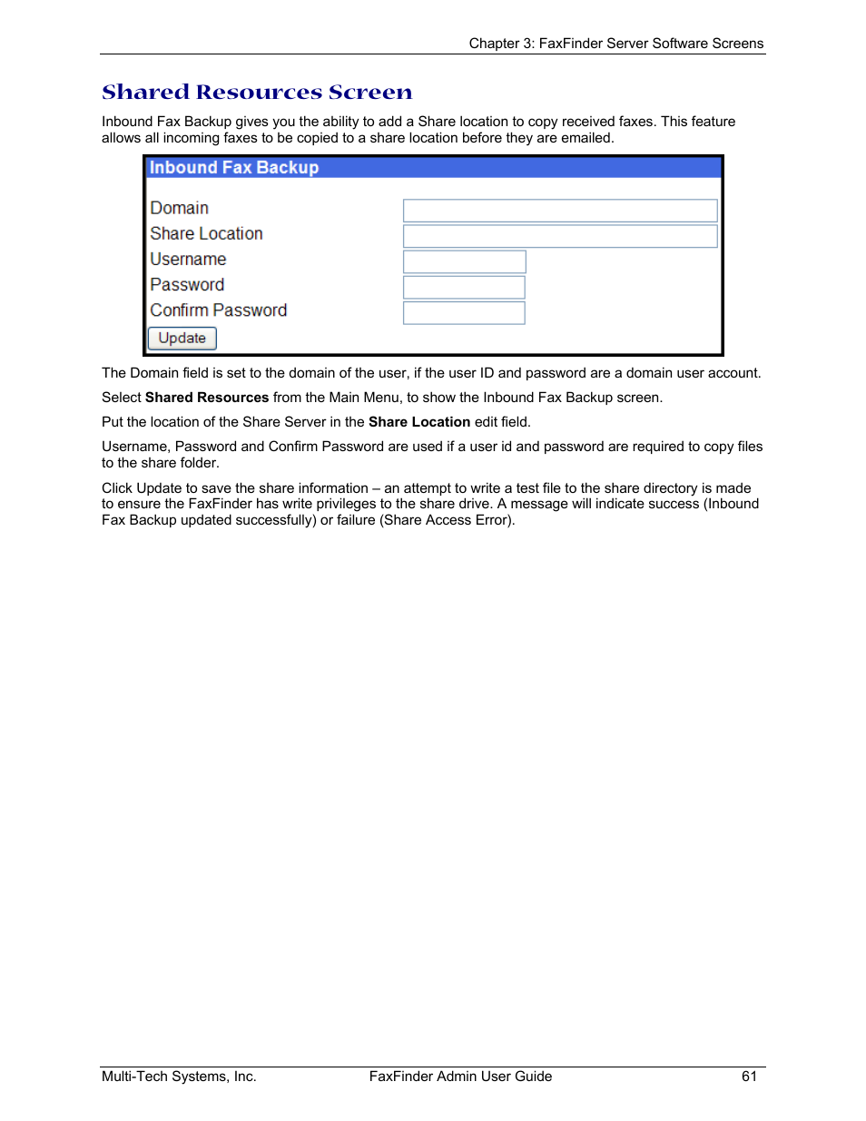 Shared resources screen | Multi-Tech Systems FAX FINDER FF220 User Manual | Page 61 / 205