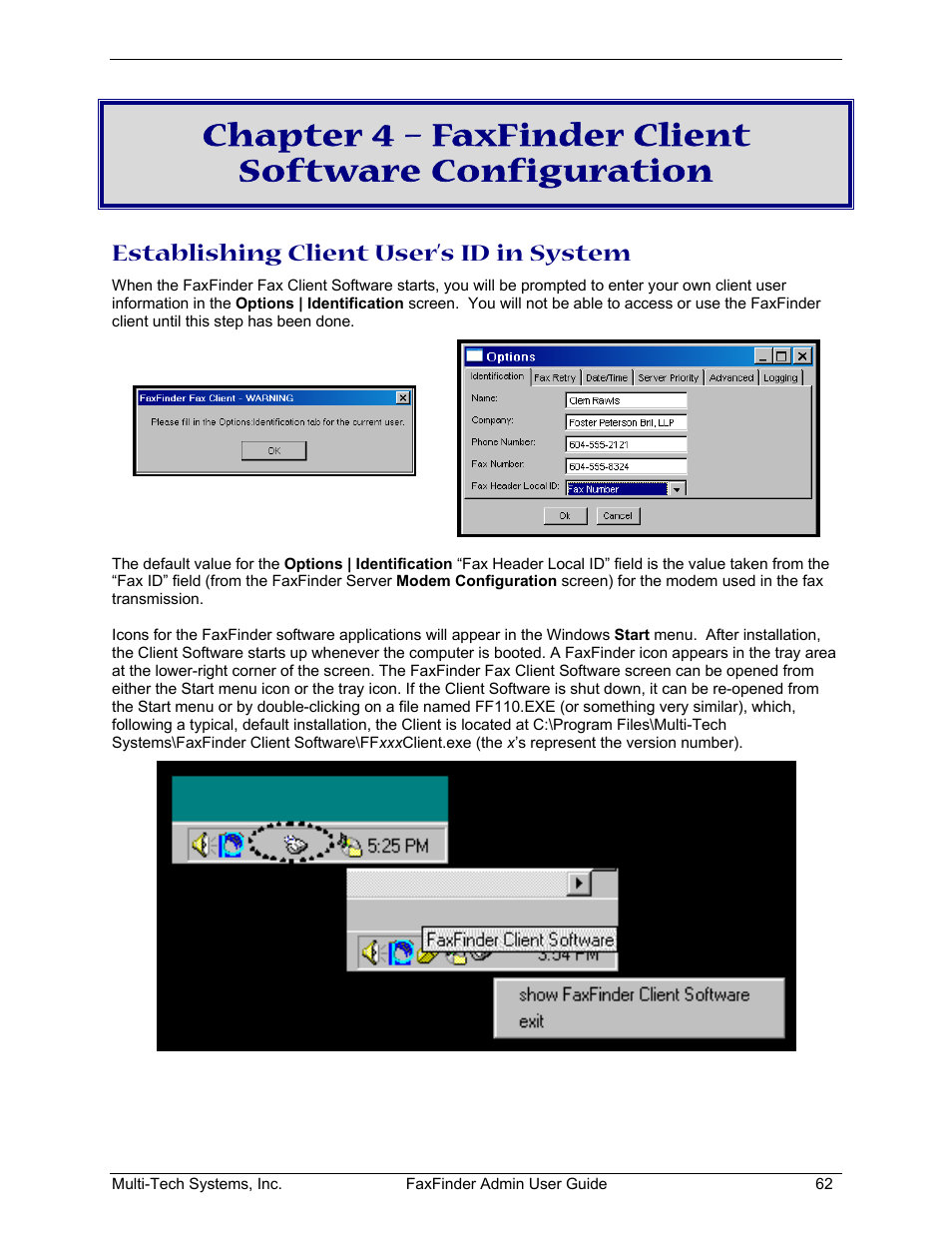 Establishing client user’s id in system | Multi-Tech Systems FAX FINDER FF220 User Manual | Page 62 / 205
