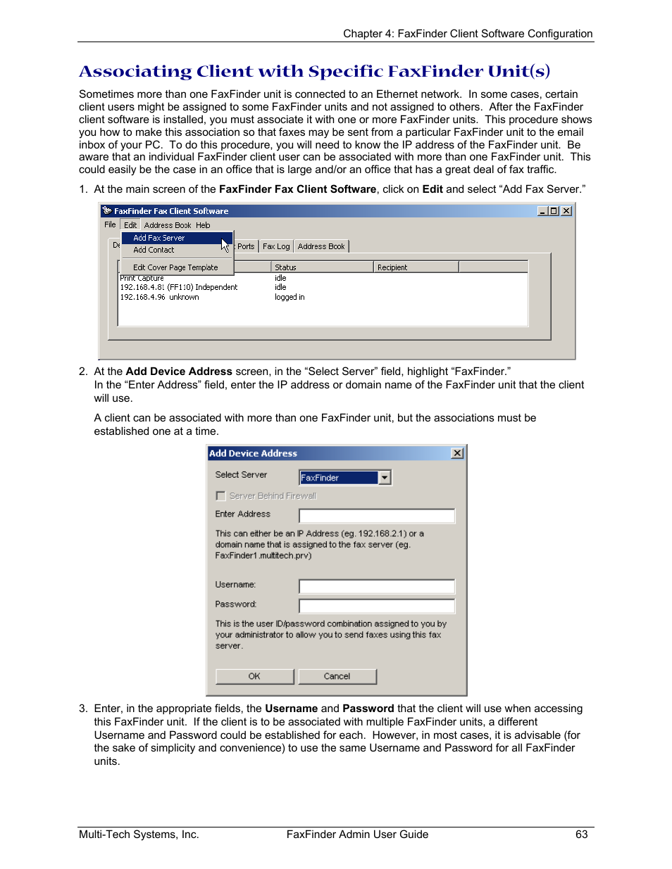Associating client with specific faxfinder unit(s) | Multi-Tech Systems FAX FINDER FF220 User Manual | Page 63 / 205