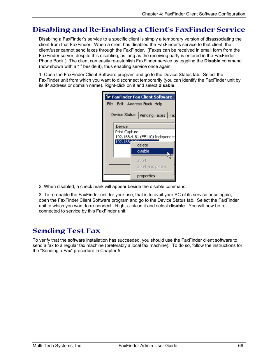 Sending test fax | Multi-Tech Systems FAX FINDER FF220 User Manual | Page 66 / 205