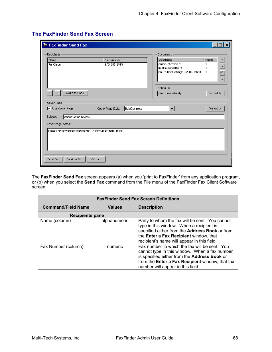 The faxfinder send fax screen | Multi-Tech Systems FAX FINDER FF220 User Manual | Page 68 / 205