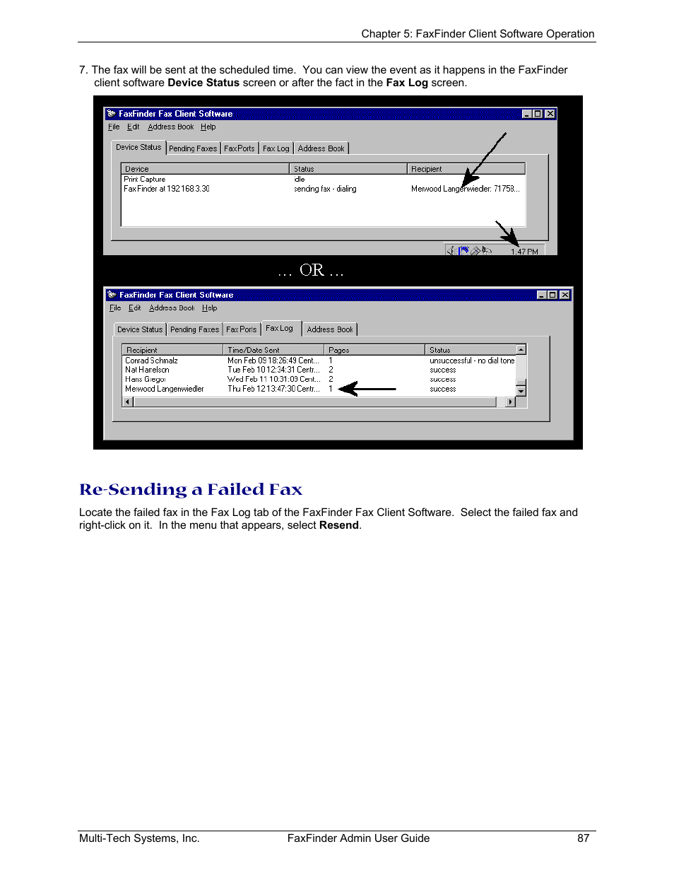 Re-sending a failed fax | Multi-Tech Systems FAX FINDER FF220 User Manual | Page 87 / 205