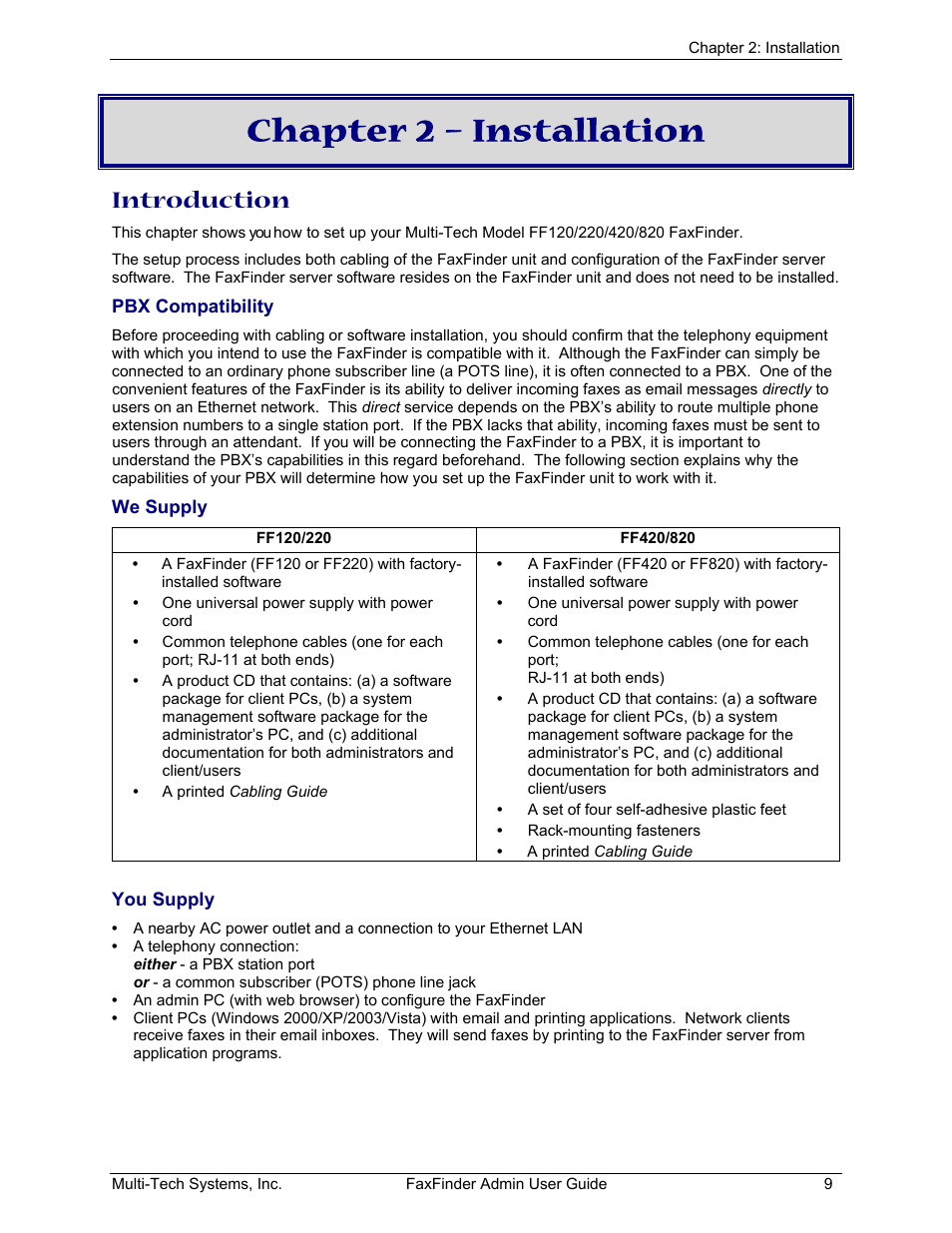 Chapter 2 – installation, Introduction | Multi-Tech Systems FAX FINDER FF220 User Manual | Page 9 / 205