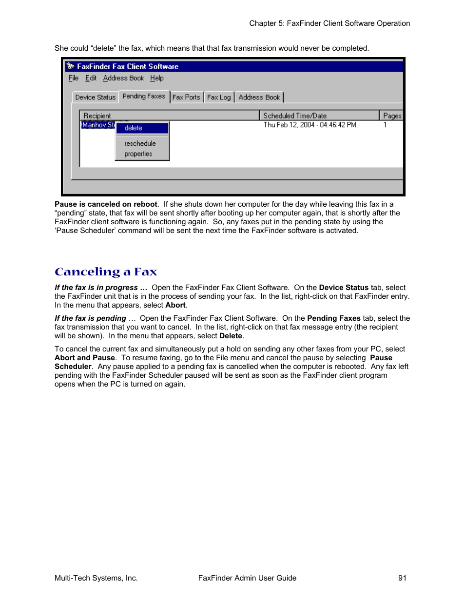Canceling a fax | Multi-Tech Systems FAX FINDER FF220 User Manual | Page 91 / 205