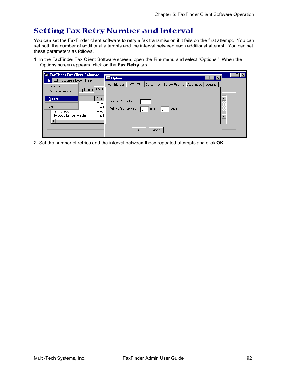 Setting fax retry number and interval | Multi-Tech Systems FAX FINDER FF220 User Manual | Page 92 / 205